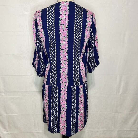Southern Tide Blue Floral Longsleeve Dress V- Neck Roll-Tab Sleeve Sz S - Picture 6 of 7